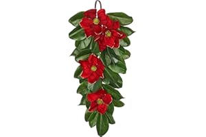 ARBORUS Christmas Poinsettia Teardrop Swag – 28" Artificial Magnolia Leaf Hanging Door Decoration – Holiday Front Door, Fireplace & Stairway Décor for Wedding Christmas Thanksgiving