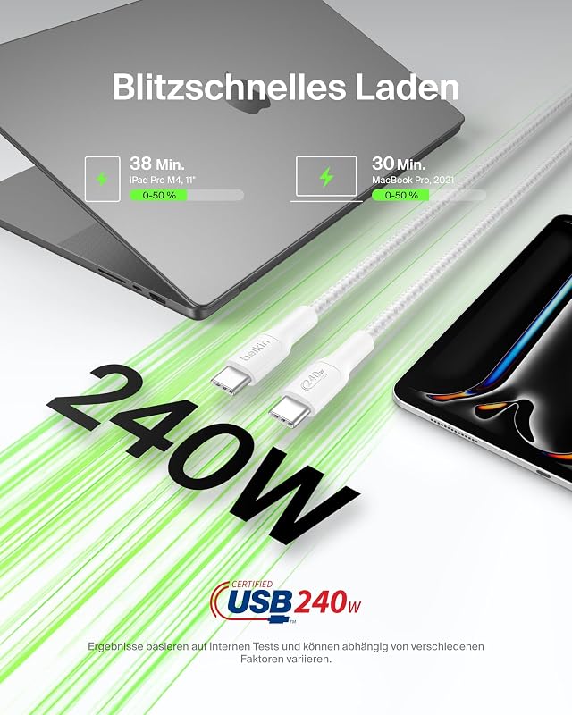 Eco Geflochtenes USB-C auf USB-C Kabel, 2 m, 240 W, biegsames, flexibles Schnellladekabel, Ladekabel USB C für iPhone 17/16/15, Galaxy S25, Pixel 9, MacBook, iPad Pro und mehr – Weiß, USB 2.0