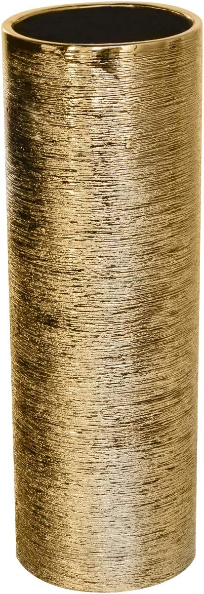 Royal Imports Flower Glass Ceramic Vase Decorative Centerpiece for Home or Wedding- Etched Cylinder Shape, 4"x12", Gold