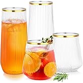 mwellewm 48 Pcs Plastic Wine Glasses Disposable, Cocktail Glasses Set 9 OZ Stemless Champagne Flutes 12 OZ Ribbed Ripple Reusable Party Cup for Wedding Home Office Bar Drinking(Gold Rim)
