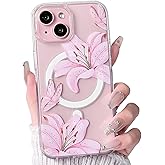 NITITOP Compatible with iPhone 13/14 Case Clear Magnetic Compatible with MagSafe Cute Lily Flowers Floral for Women Girls Hard PC Back Shockproof Protective Phone Cover - Pink