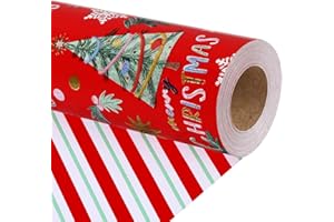 LaRibbons Reversible Christmas Wrapping Paper Roll, 17 Inch x 33 Feet Classic Christmas Holiday Tree Printed Gift Wrap Paper 