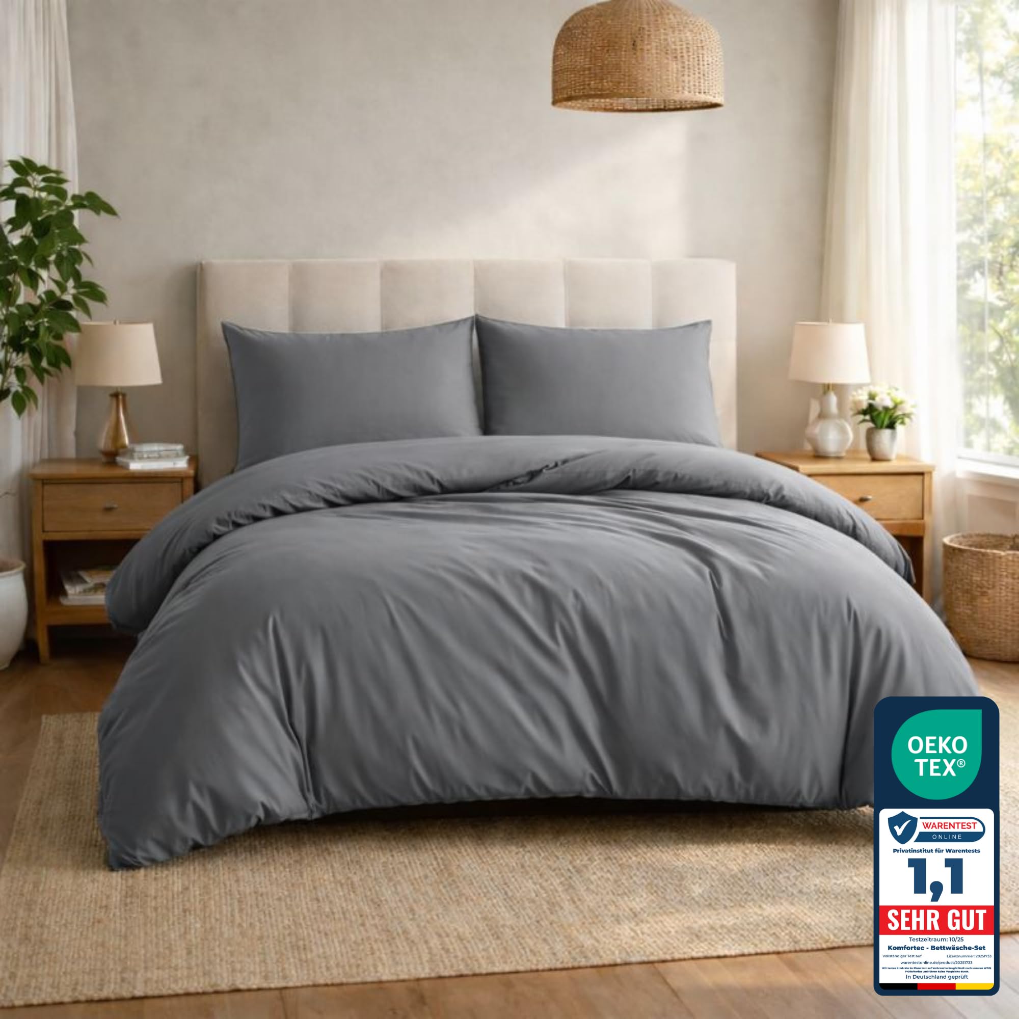 Komfortec Premium Bed Linen 240 x 220 cm with 2 Pillowcases 40 x 80 cm Brushed Microfibre Set - Grey