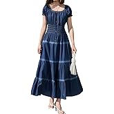 DREFBUFY Women's Casual Scoop Neck Short Sleeve High Waist Denim Ruffle A-line Cotton Lightweight Flowy Long Maxi Dress