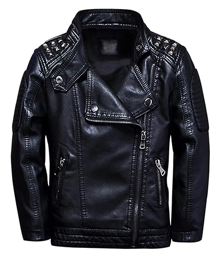 TLAENSON Boys Black Leather Jacket Studded Motorcycle Faux Leather