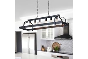 WUZUPS 6-Light Metal Pot Hanging Rack Chandelier Linear Pendant Ceiling Lighting Rustic Farmhouse Fixture Kitchen Island Dining Room, H 9.8" L 40.6" W11.8, E26 Base, Black