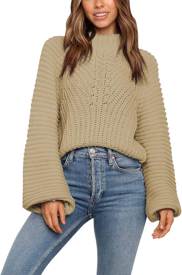 TOLENY Women's Mock Neck Long Balloon Sleeve Sweater Loose Knit Pullover Jumper Top at Amazon 