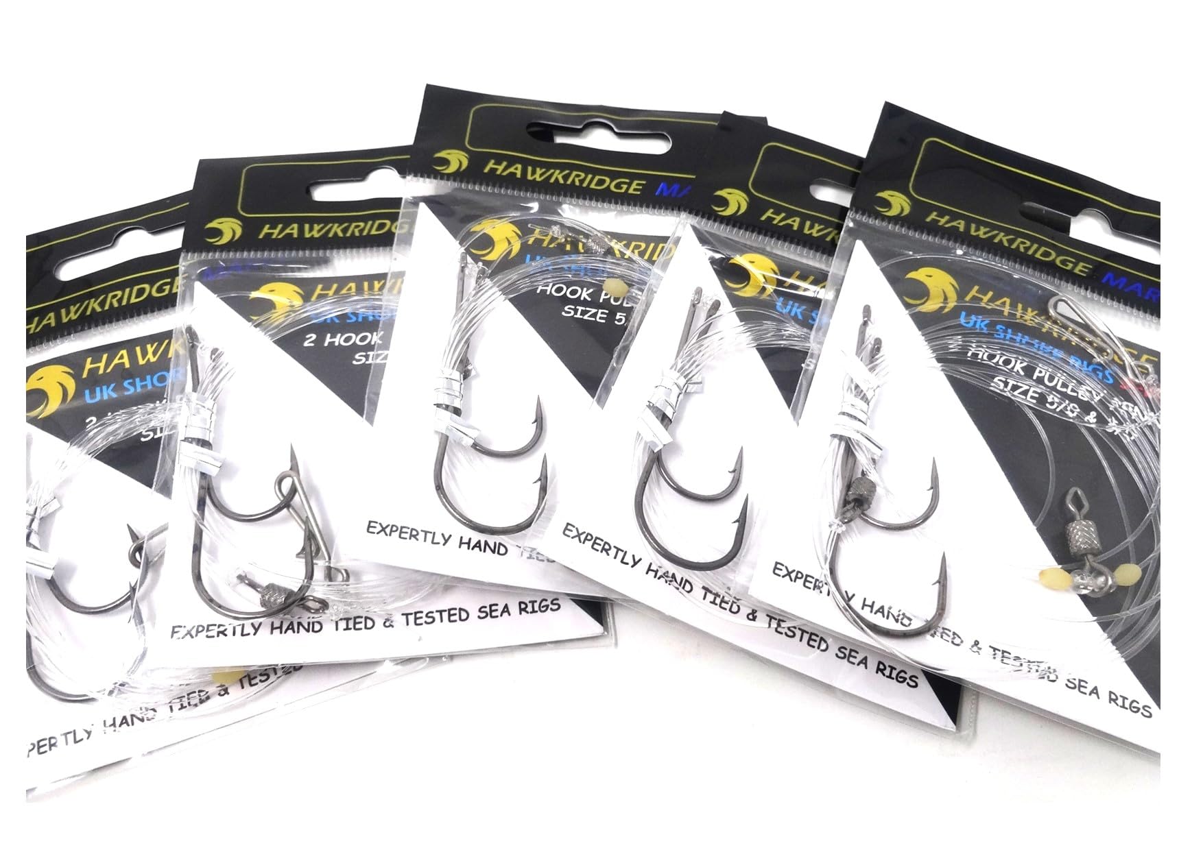 HAWKRIDGE RIG PRO SERIES - 5 Packs of Commercial Quality Fishing Rigs - 2 Hook - PULLEY PENNEL Ready Tied - Ideal for Sea Surf Casting Fishing (Tied to 50lb Snood) (HOOK SIZE - 1/0)