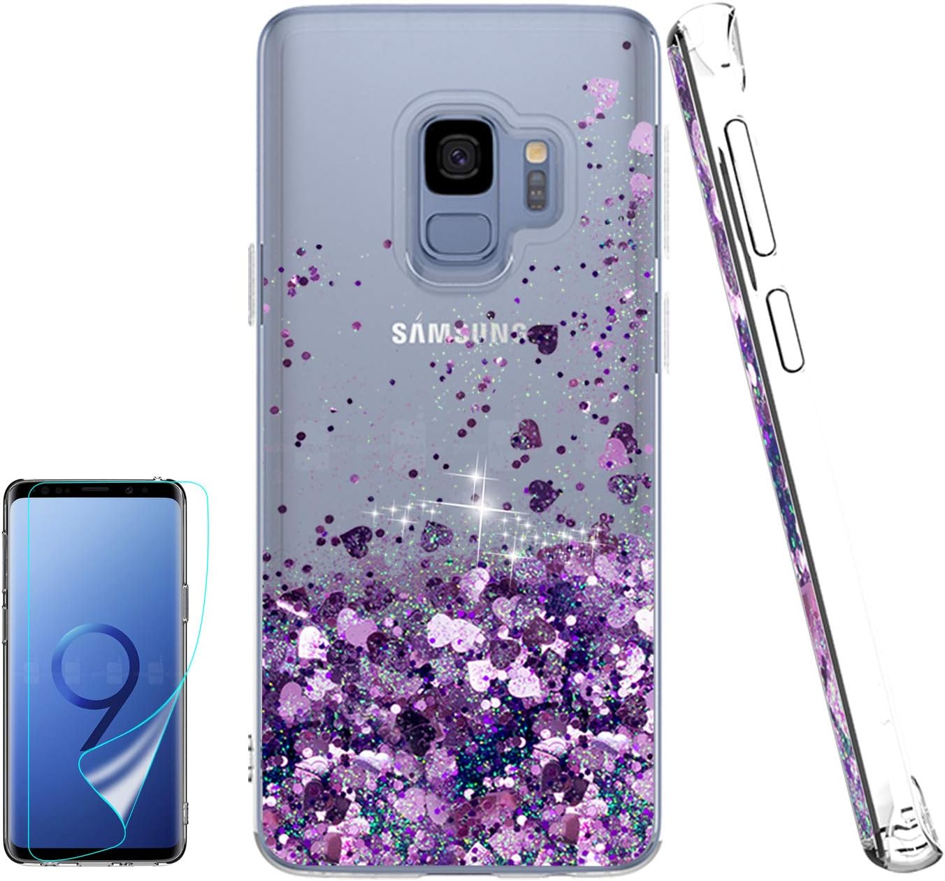 ATUMP Case for Galaxy S9 with HD Screen Protector, Galaxy S9 Cases Glitter Liquid Quicksand Clear TPU Silicone Shockproof Cover Shell for Samsung Galaxy S9 Purple
