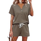 AKEWEI Womens Two Piece Outfits Summer Lounge Sets Tracksuit V Neck Buttons Down Tops and Shorts Set with Pockets
