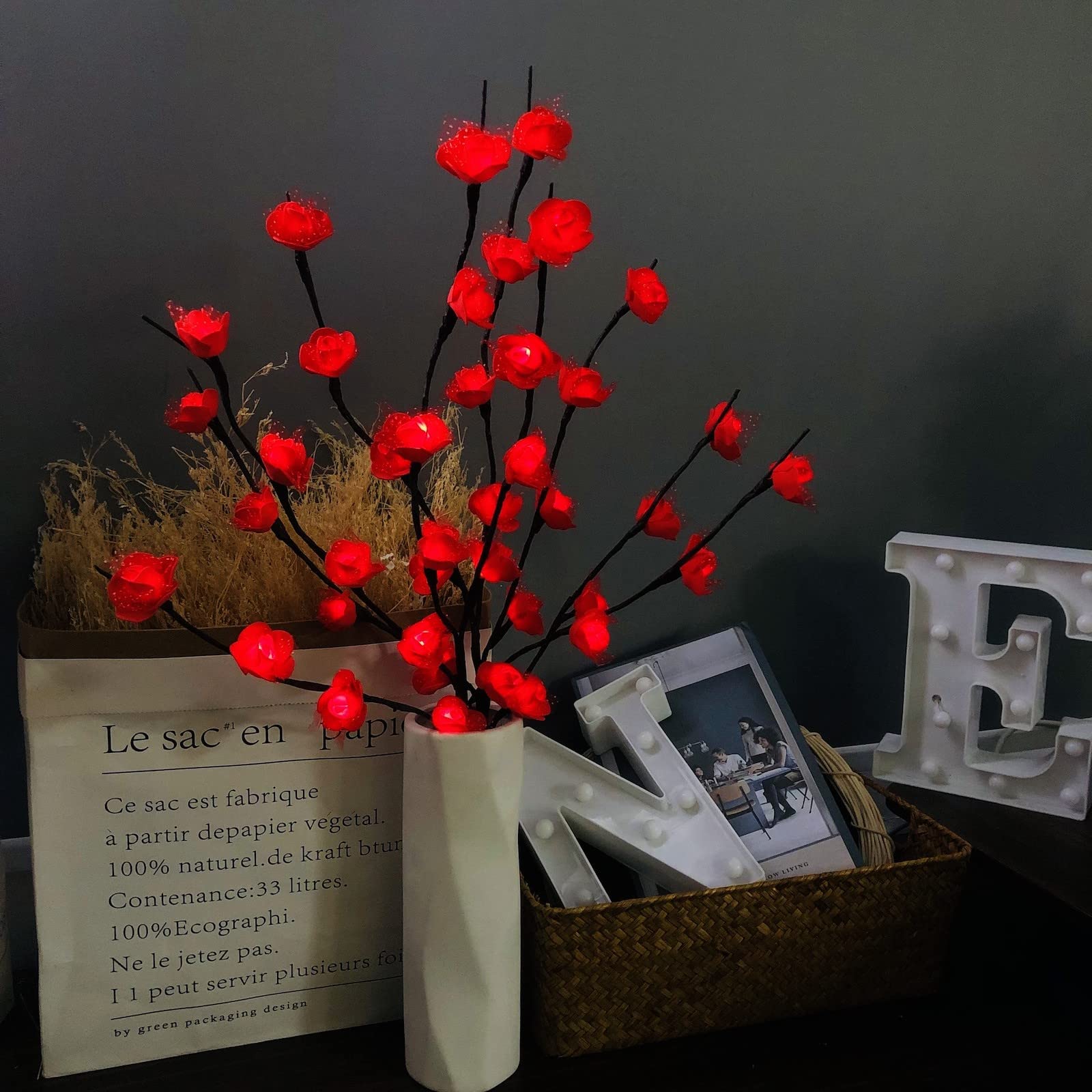 Riaxuebiy 2 Pack Red Rose LED Twig Lights - Lighted Artificial Lace Rose Flower Tree Branch Lights - Flexible Branch Decoration Light for Home, Shop, Windows, Vase, Table, Room, Wedding, Christmas