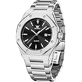 OLEVS Men's Stainless Steel Watch, Large Face Octagonal Three-Hand Analog Quartz Watches for Men, Luxury Easy to Read Calendar Date Waterproof Luminous Mens Wristwatch