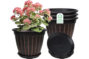 FGstyle 12 Inch Pots for Plants,4 Pack Tall Planters,Large Flower Pots with Drainage Hole & Saucer,Decorative Outdoor Planter for Planting Medium Large Plants(Black