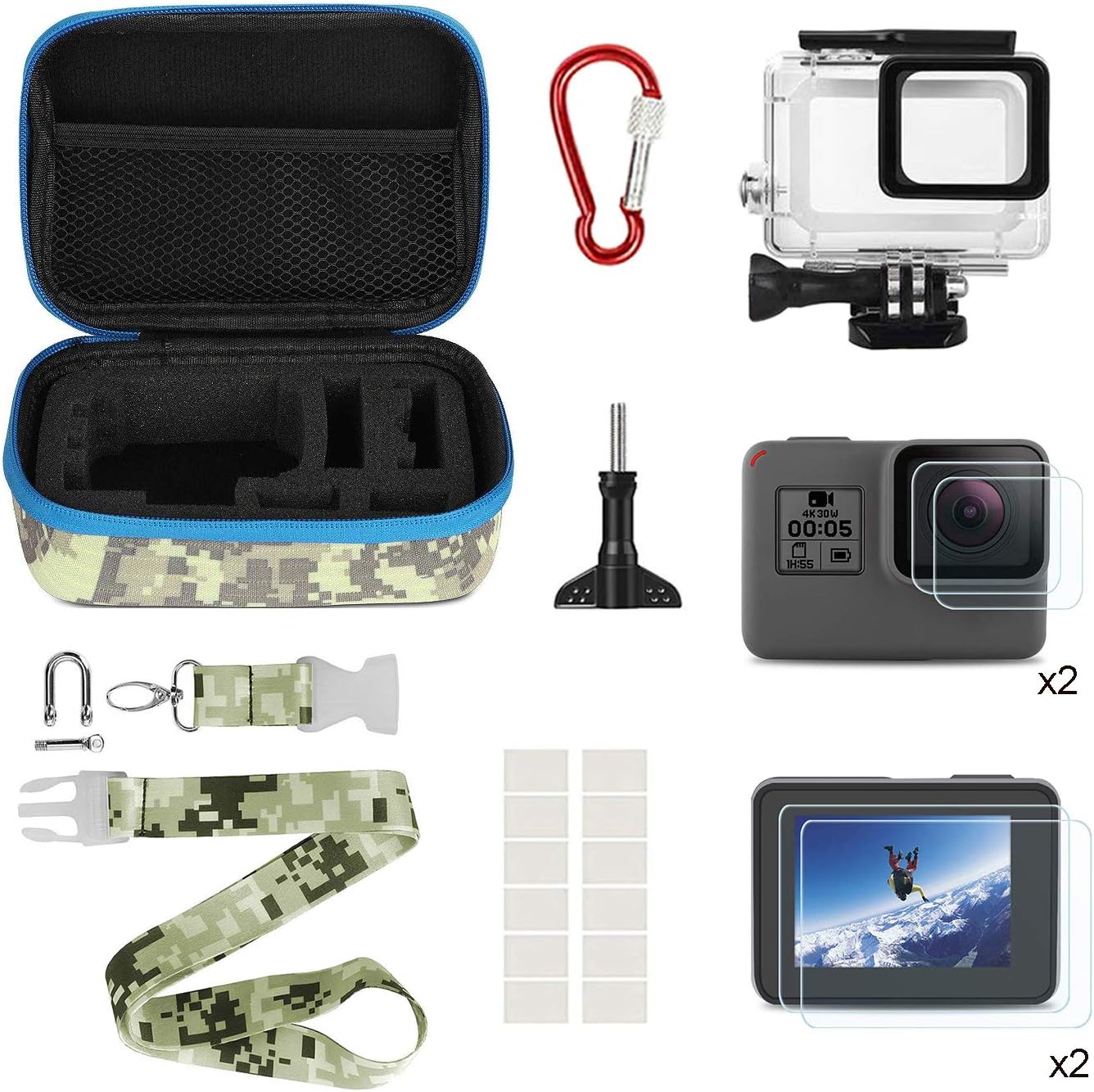 Kitspeed Accessories kit for GoPro Hero 7 Black / 6/5 (2018), Including Waterproof Housing Case/Portable Small Carrying case/Screen Protector/Carabiner/Camouflage Strap/Anti-Fog Insert