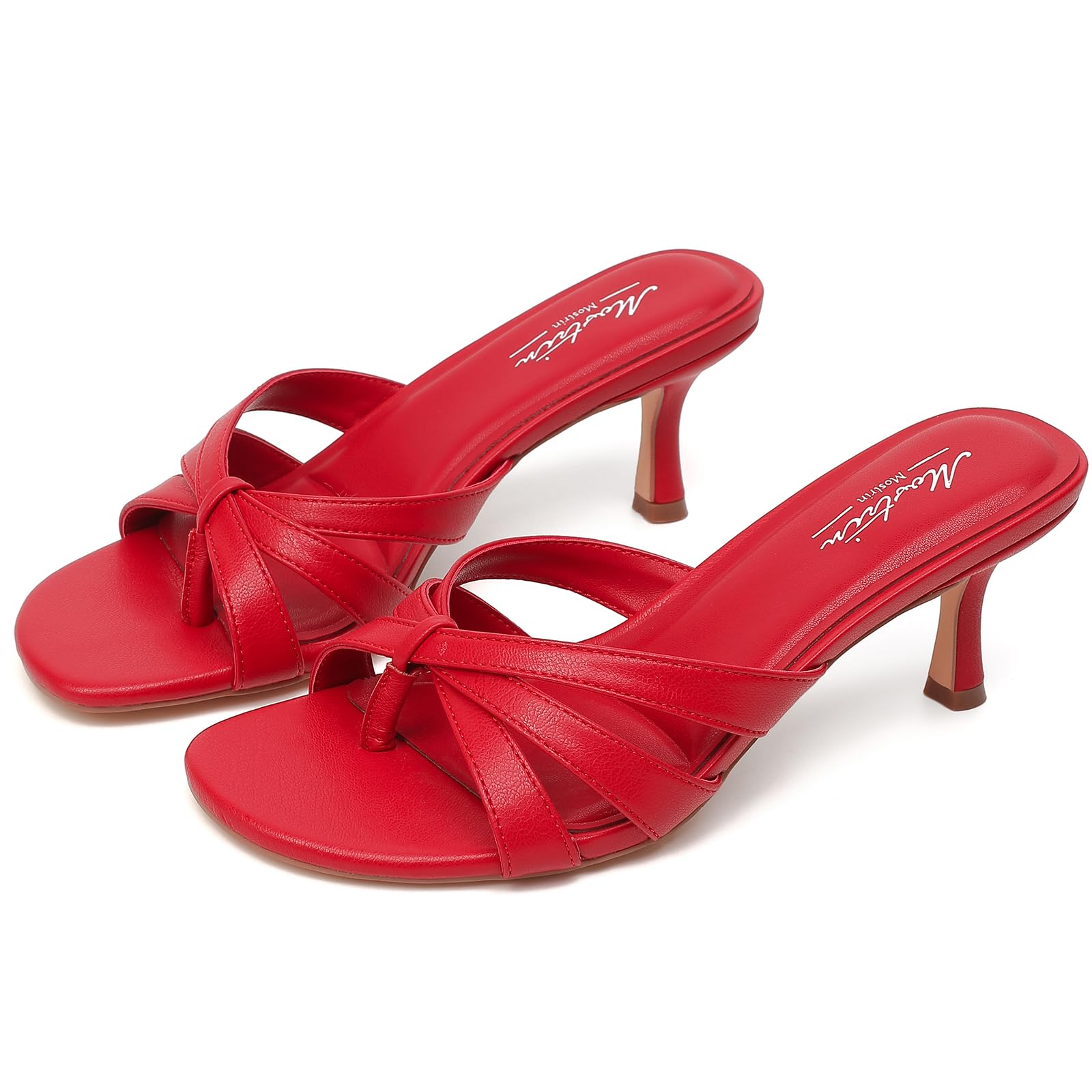 Photo 1 of Mostrin Red Strappy Kitten Heels for Women Round Open Toe Flip Flops Slip On Mules Heels Fashion Thong Heeled Sandals for Holiday Wedding Daily Size 6.5