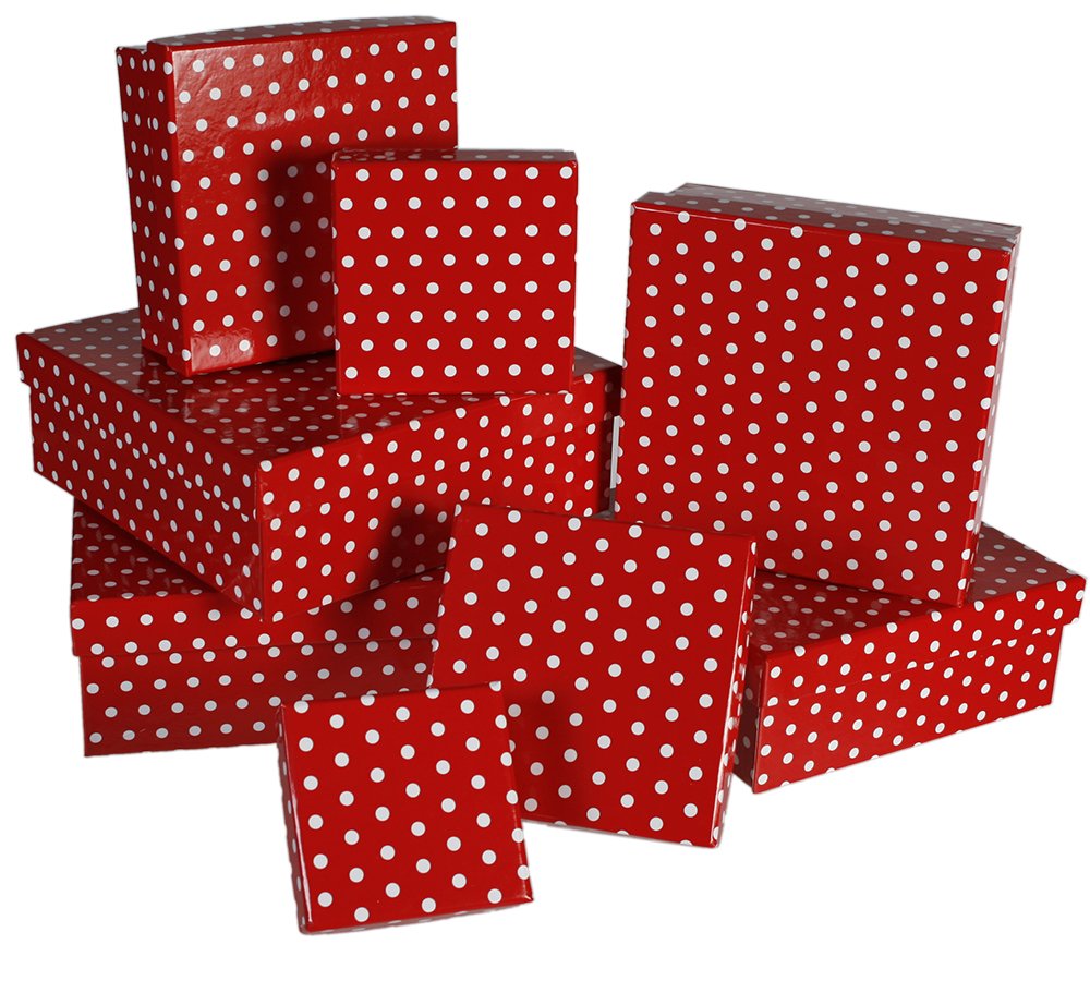OOTB Red Gift Boxes with White dot, Set of 8, Paper, 22.5 x 22.5 x 8
