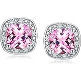 DAYBYDAY Birthstone Earrings for Women 925 Sterling Silver Halo Stud Earrings, Small Round/Cushion/Heart Gemstone Earrings Birthstone Jewelry