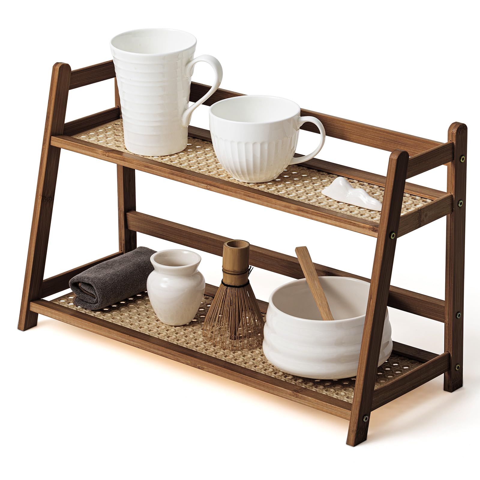 Photo 1 of Yalikop 1 Pcs 2 Tier Matcha Station Shelf Bamboo Coffee Mug Stand Countertop Storage Rack, Double Layer Rattan Office Cup, Kitchen, Tea, Plant, Bar Accessories Condiment Display(Brown,17.7 Inch)