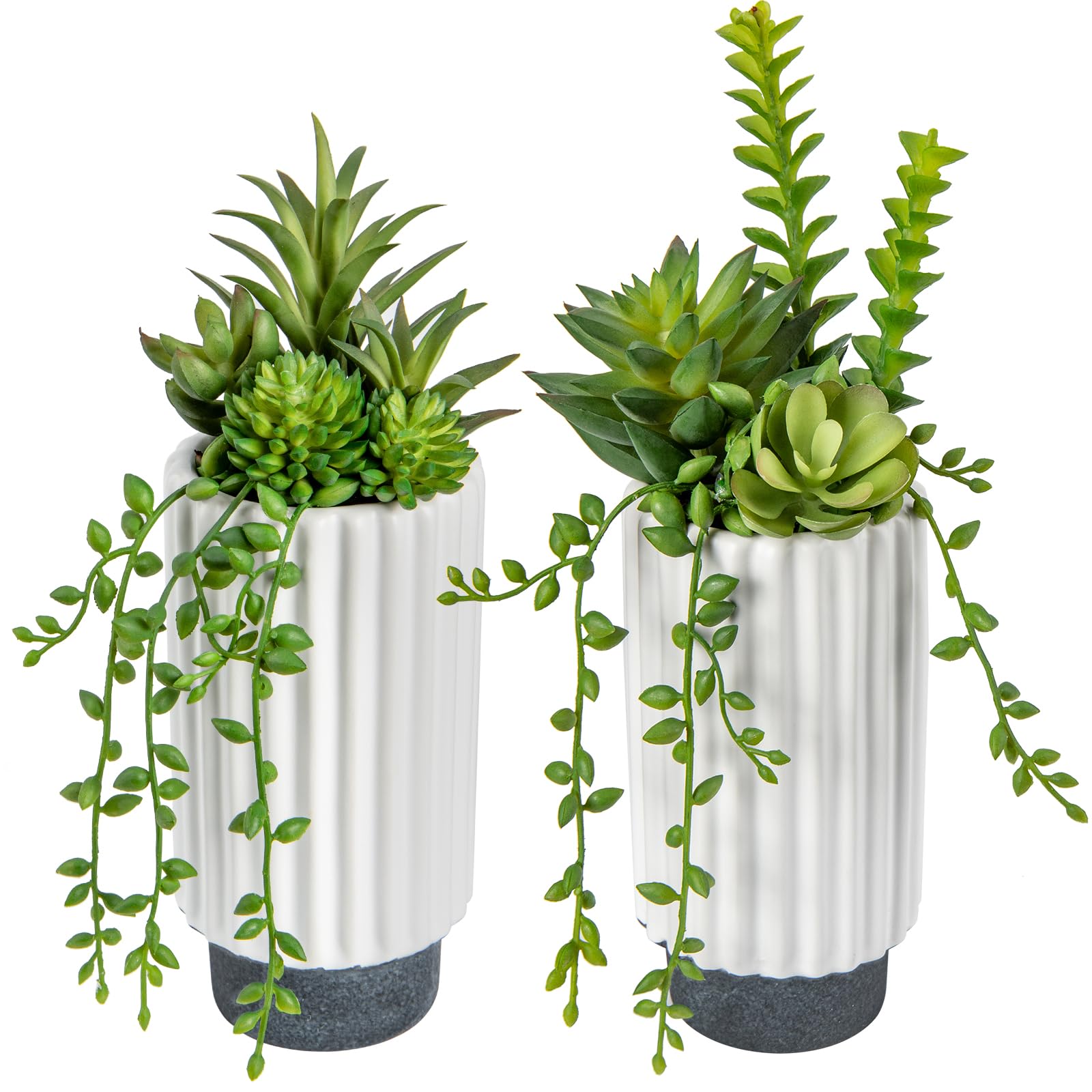 Hollyone 2 pcs Fake Succulent Plants Artificial Succulents in White Ceramic Pots, Faux Trailing Succulents for Room Home Bathroom Bedroom Office Kitchen Living Room Desk Decoration