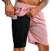 TENJOY Men's 2 in 1 Running Shorts 7" Quick Dry Gym Athletic Workout Shorts for Men with Phone Pockets Light Pink