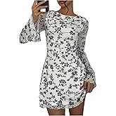 SOLY HUX Women's Floral Sexy Mesh Mini Dress Bell Long Sleeve Bodycon Going Out Dresses