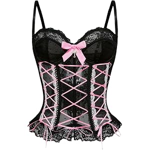 ChiaoLezhee Women's Lace Bustier Top, Goth Lolita Mesh Ruffle Crop Corset | 2000s Aesthetic / Polka Dot Sheer Fabric / Cross