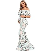 Glampunch Womens Off Shoulder Maternity Dress Ruffles Elegant Slim Gowns Fit Maxi Photography Dress