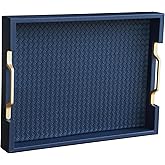 HofferRuffer Faux Leather Rectangle Serving Tray Decor Platter with Gold Metal Handles for Coffee Table, Breakfast, Tea, Food, Countertop, Kitchen, Butler Tray, 16.2 x 12.2 x 2 inches (Navy Blue)