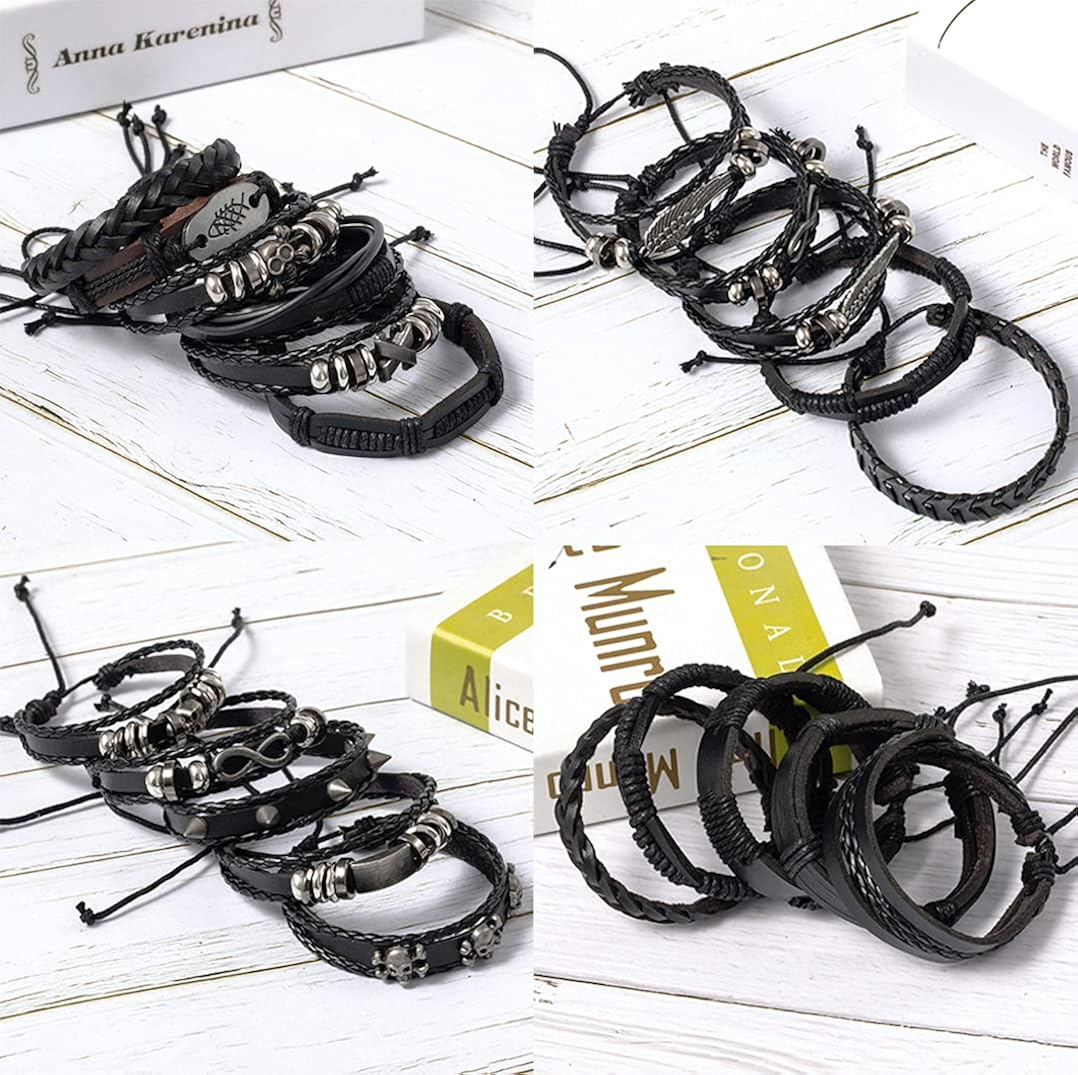WAINIS 6 Pack Mens Black Leather Bracelets Set for Men Stackable Braided Cuff Bracelet Tribal Punk Rock Handmade Wristband: Jewelry