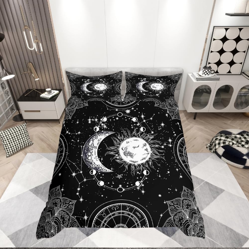 Loussiesd Sun and Moon Bedding Set Constellation Comforter Cover for Kids Boys Girls Teens Psychedelic Boho Mandala Duvet Cover Celestial Galaxy Bedspread Cover Black White Quilt Cover Single