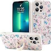 LEOMAKRON for iPhone 13 Pro Case with Finger Strap Kickstand,Cute Pink Flower Heart Bowknot Pattern for Women Girls,Full Camera Protection Aesthetic Shockproof TPU Design,White