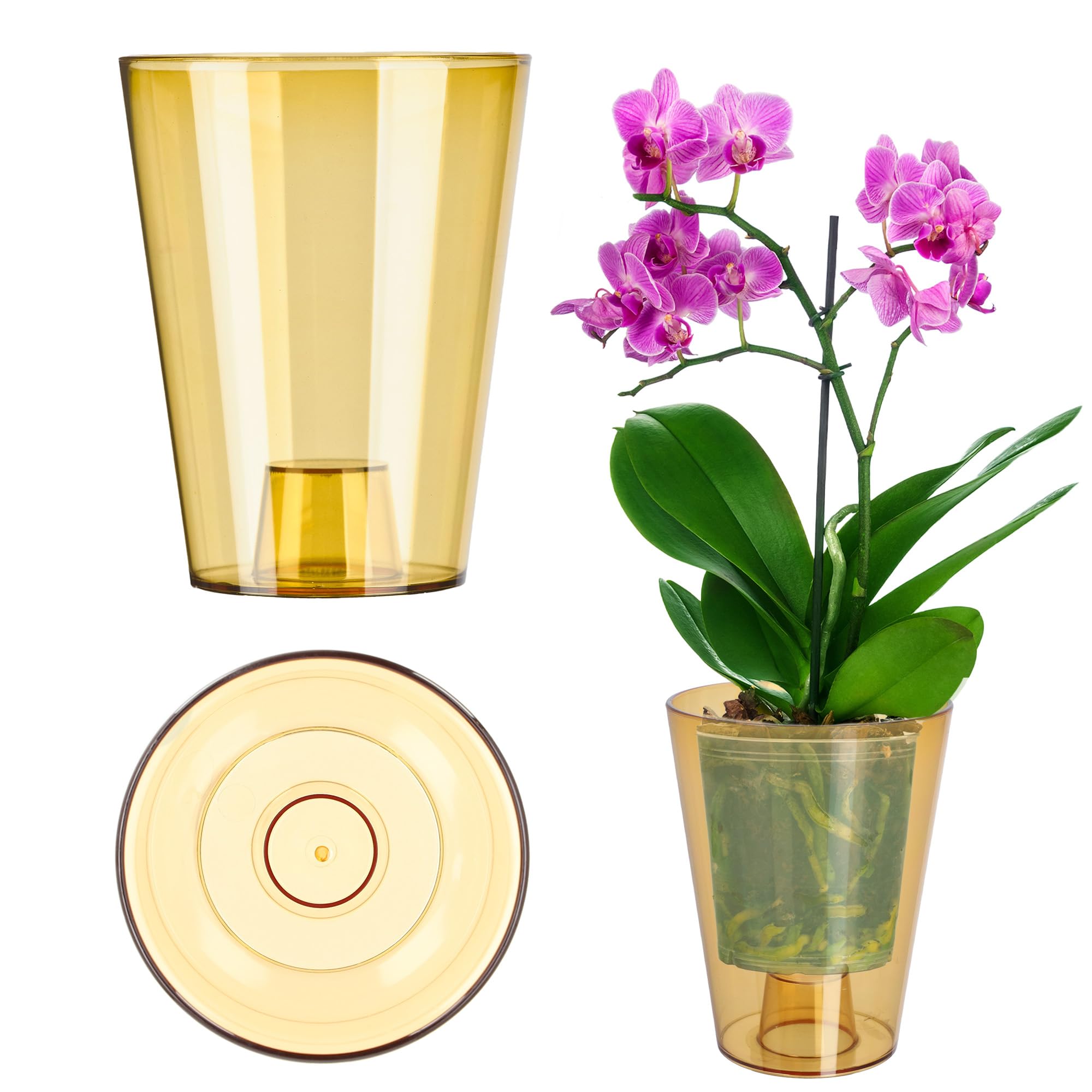 KADAX Orchid Pot, Plastic Flowerpot in Several Colours, Lightweight Plant Pot in Multiple Sizes, Elegant Pot for Living Room, Office and Bedroom (⌀12 cm, Round, Honey)