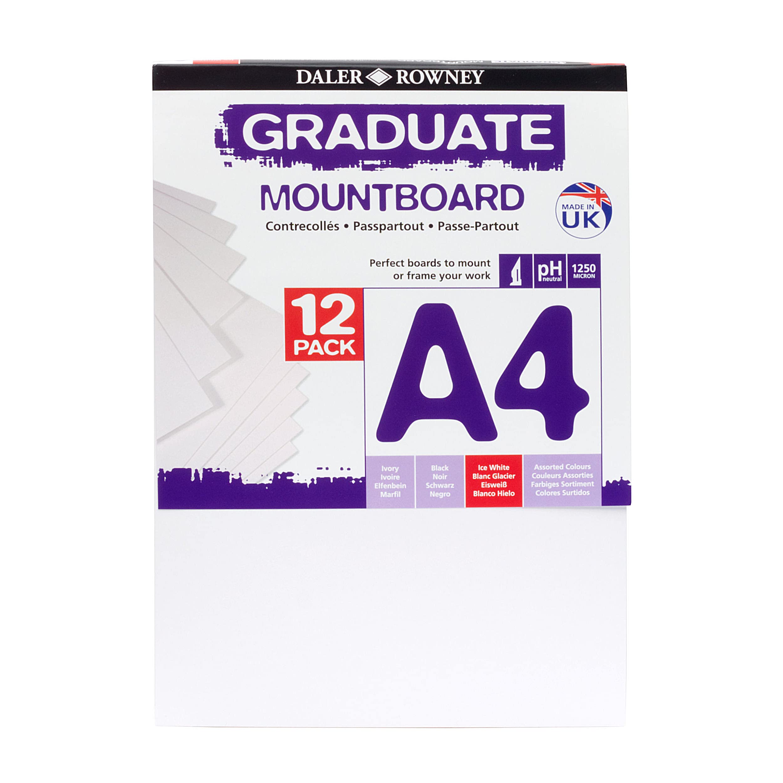 Daler-Rowney Graduate A4 Thick Cream Core Mountboard with Smooth Surface Pack, 12 Ice White Boards, For Presentations, Displays & Students, For Students