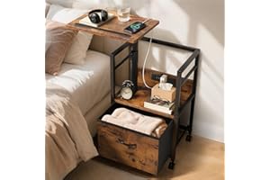 FAESUN Swivel Lift Top Nightstand with Charging Station, 2-Tier 360° Adjustable Bedside Table, Rolling Night Stand with Wheels, Small End Table with Fabric Drawer, for Bedroom, Living Room, Rustic Brown
