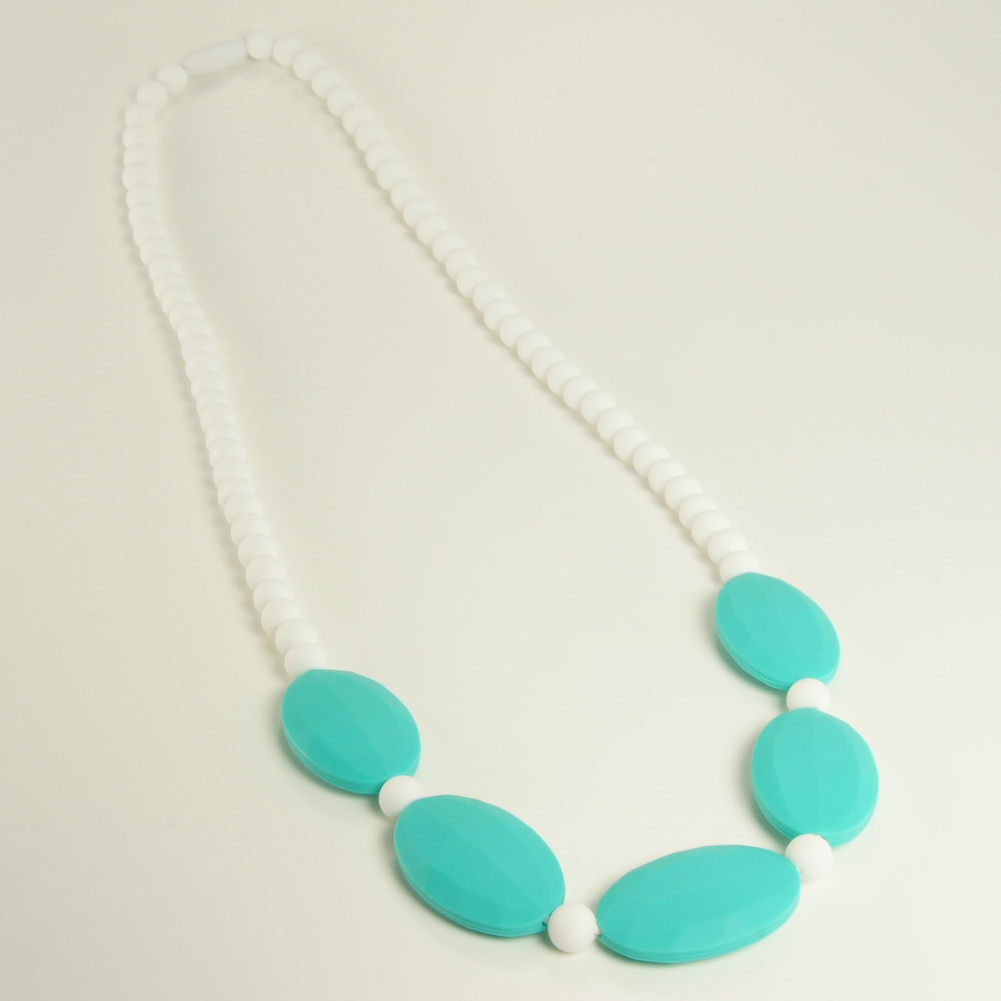 Teething Necklace Jewelry - Organic BPA Free Silicone Chew Beads Teether Toys for Nursing Moms - Kauai - White with Turquoise