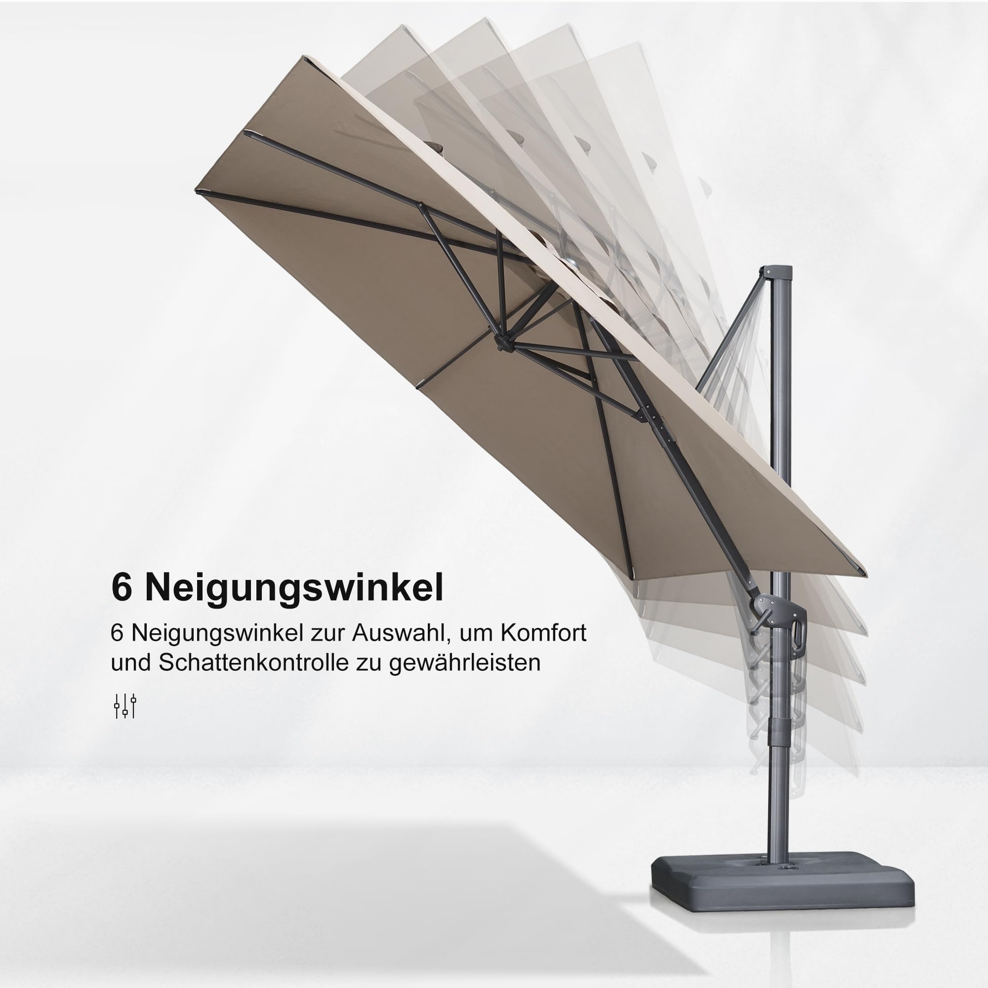 PURPLE LEAF Ampelschirm 300 x 300 cm Sonnenschirm aus Acrylimitat, Gartenschirm mit Kurbel, Gestell Aluminium, 360° Rotation, Wasserabweisend, UV50+, Asch Mokka 5