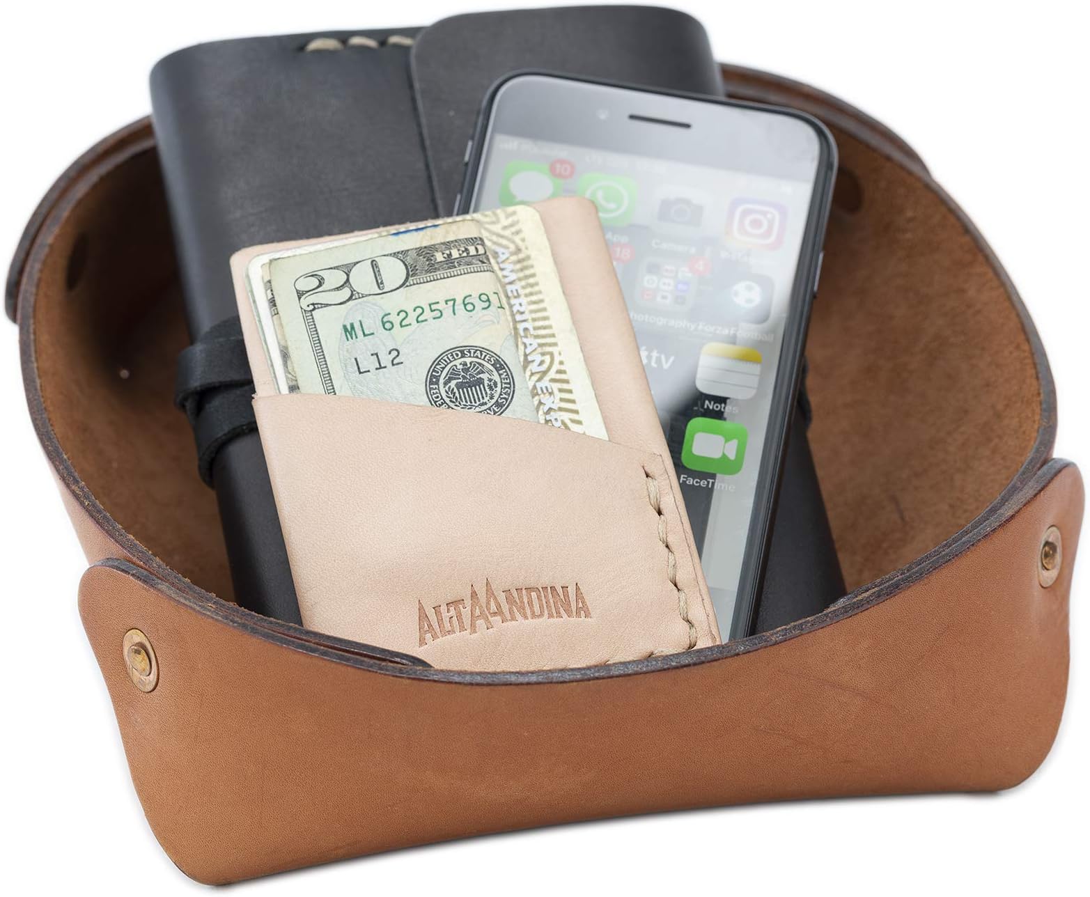 Alta Andina Leather Catchall | Vegetable Tanned Leather Valet Tray | Nightstand & Dresser Organizer | Jewelry Tray for Women & Men (Brown – Miel)