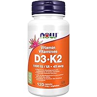 NOW Supplements, Vitamin D-3 & K-2, 1,000 IU/45 mcg, Plus Cardiovascular Support, Supports Bone Health, 120 Veg Capsules