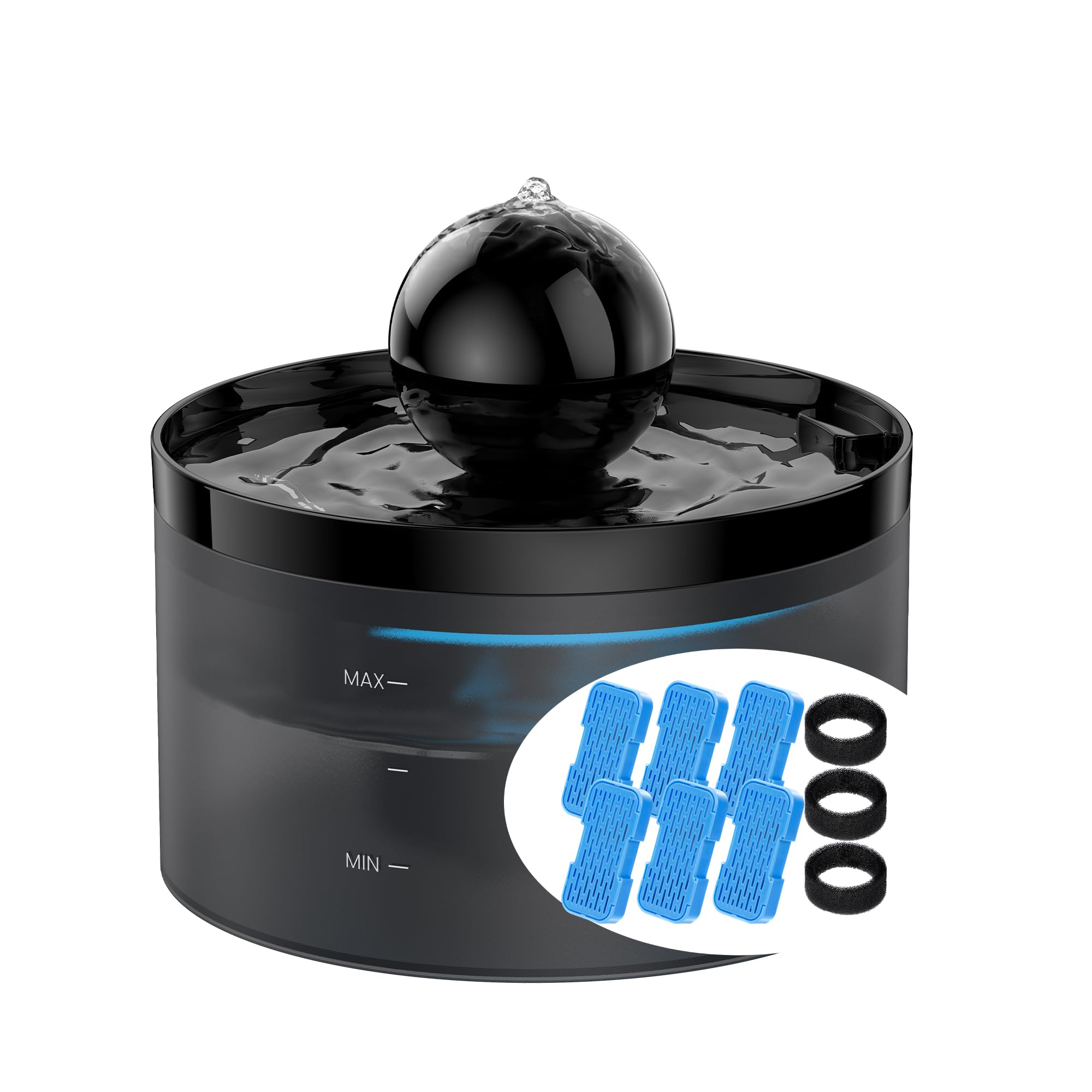 Cat Water Fountain for Drinking, Pet Waterer Fountain with Ultra Silent Pump, Activated Carbon Filter Keep Water Fresh, 2.2L Capacity, Faucet Design, Anti Sputtering, with 6 Fliters + 3 Sponges