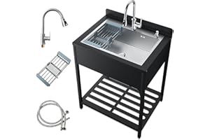 JINRRENYI 33inch Stainless Steel Freestanding Utility Sink with Cold and Hot Water Faucet, Commercial Kitchen outdoor Sink with Hoses and Drain Kit, Laundry sink For Bathrooms, Backyard, Bar