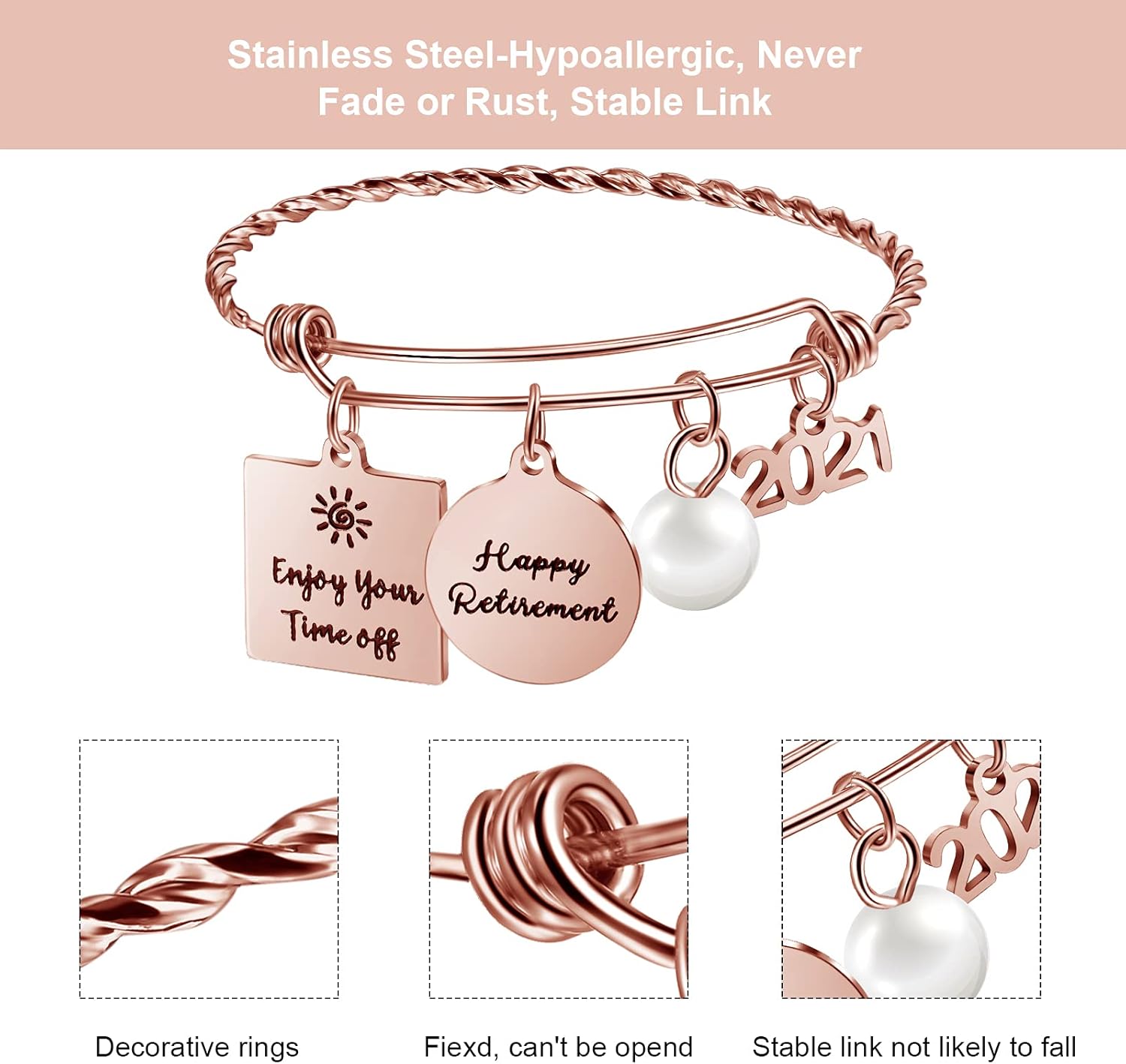 2021 Retirement Bracelet Stainless Steel Bangle Bracelet, Strong, Scratch Resistant Retired Bangle Jewelry, Present for Women (Rose Gold Happy Retirement): Clothing