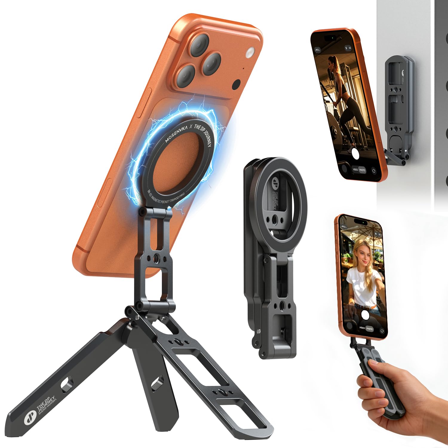 MOSENVKA Dual Magnetic Phone Tripod for MagSafe Tripod Foldable Double Magnet Mount Pocket Cell Phone Stand for iPhone 17/16/15 Pro Plus Max Travel Gym Magnetic Tripod [US Patent Registered]