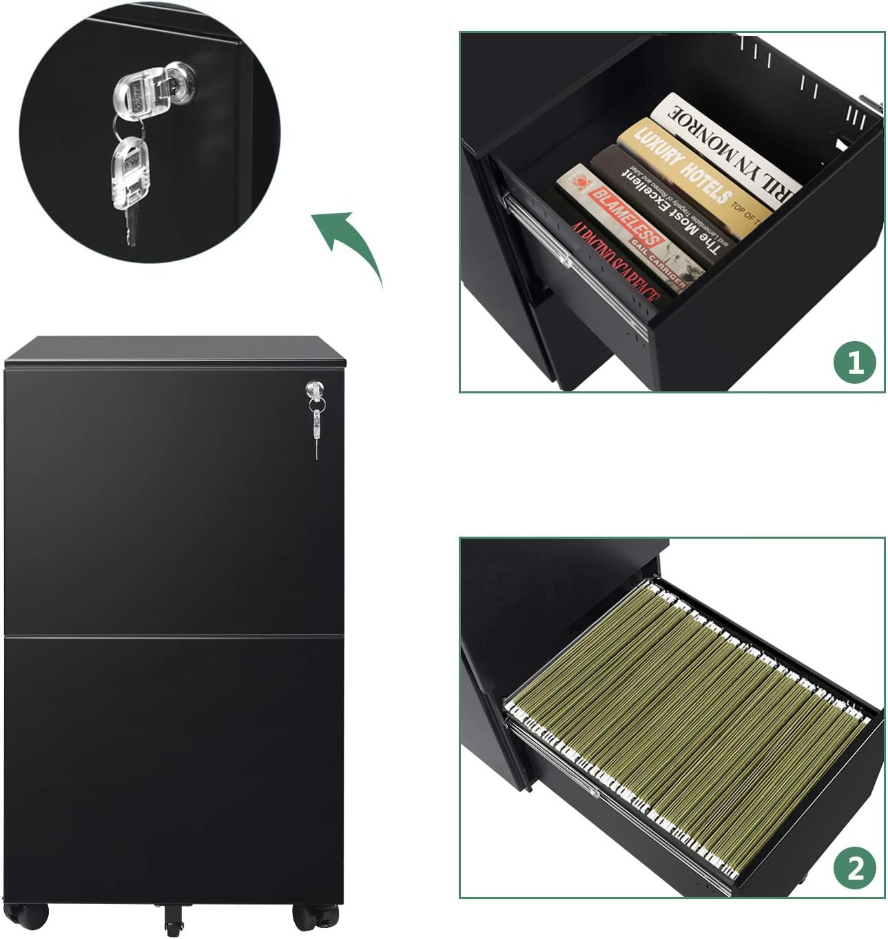 DEVAISE 2 Drawer Mobile File Cabinet with Lock, Metal Filing Cabinet for Legal/Letter/A4 Size, Fully Assembled Except Wheels, Black: Kitchen & Dining