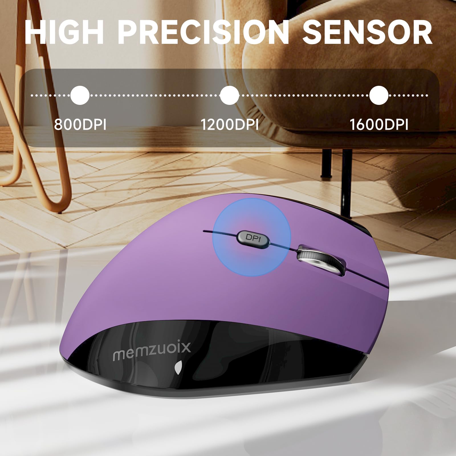 memzuoix Ergonomic Mouse Wireless,2.4G Optical Cordless Mice with 800/1200/1600 DPI,Vertical Computer Wireless Mouse for Laptop, Mac,PC,Desktop (for Right Hand, Large),Purple Mouse