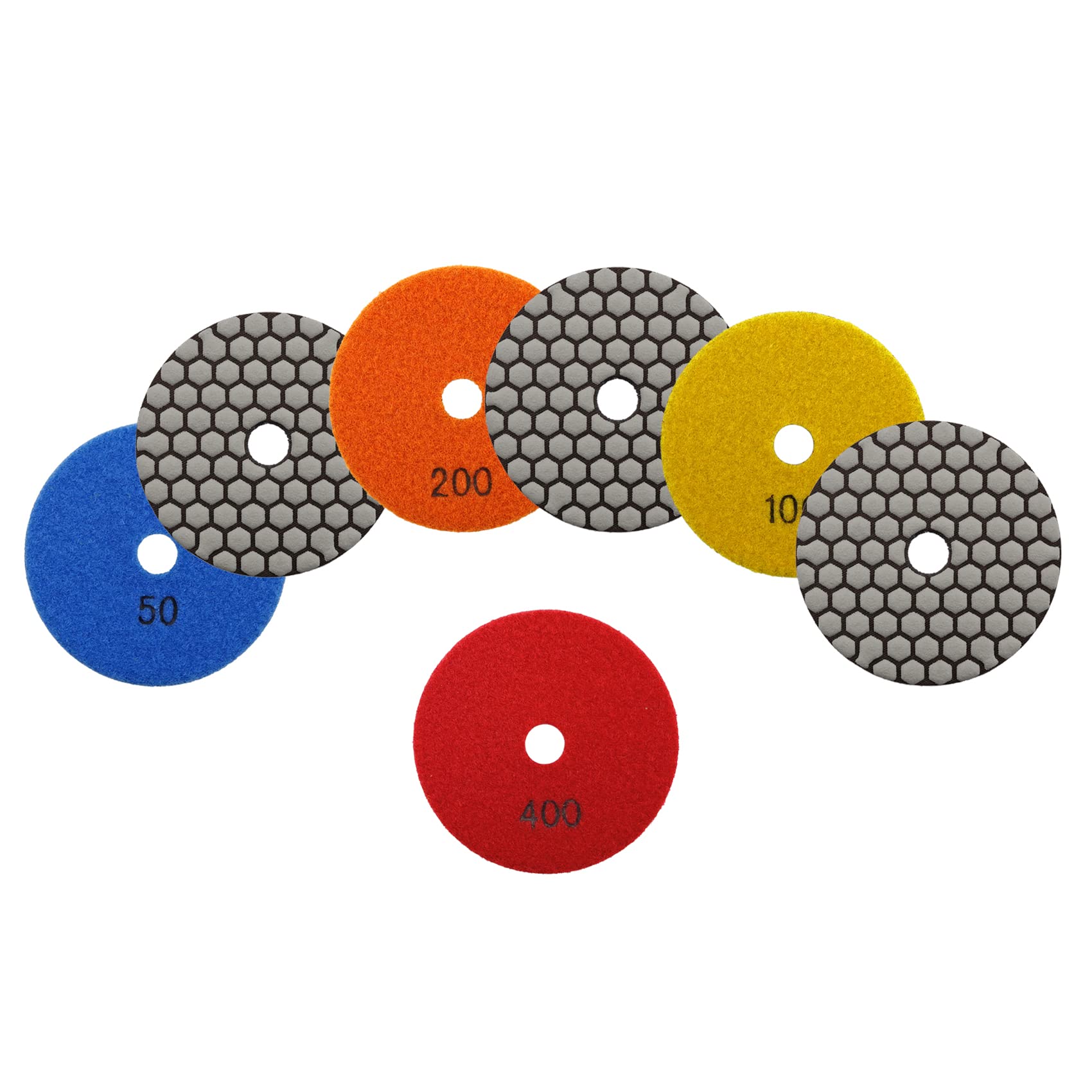 KURSTOL Dry Diamond Polishing Pads Set - 7pcs 100mm grits #50x2/100x2/200 * 2/400 Countertop Polishing pads for Granite Quartz Stone Marble Floor