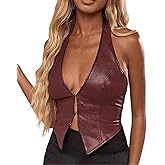 SEMATOMALA Women's PU Leather Halter Tank Tops Sexy Deep V Neck Asymmetrical Backless Vest Corset Party Clubwear