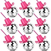 MAKCNMYM 9 PCS Disco Ball Cups Pink Cowgirl Hat Mirror Party Cup with Straws Silver 70s Cocktail Cup Sparkling Tumbler Wine Glass for 1970s Bar Dance Cowboy Bachelorette Party Decorations Supplies