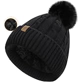 YUHAN PRETTY Winter Beanie Hats for Women Pom Pom Wool Cable Knit Thermal Fleece Warm Faux Fur Beanies for Cold Weather