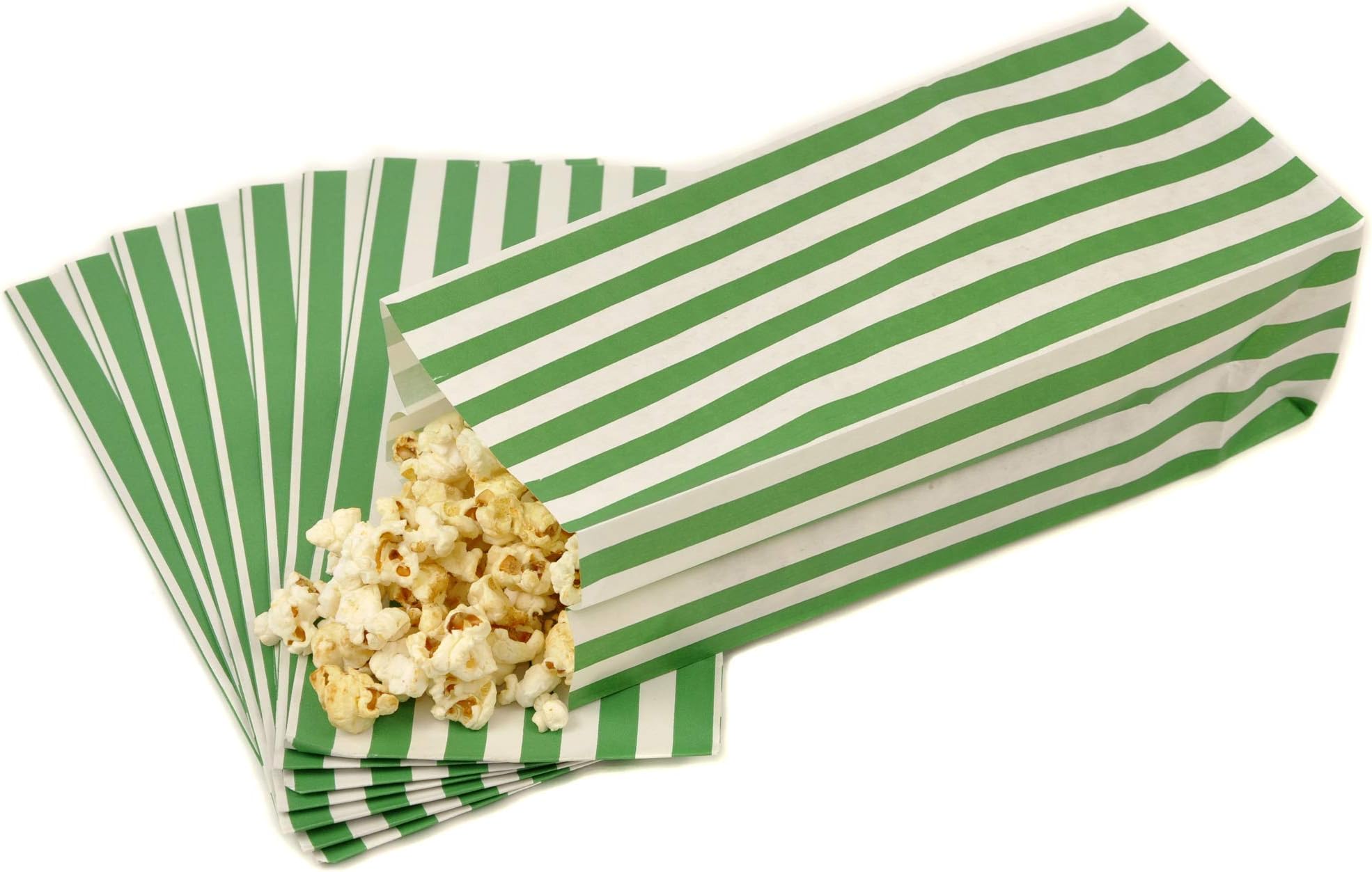 bag it Plastics Green & White Pick and Mix Candy Stripe Paper Popcorn Bags Recyclable and Biodegradable 4" x 9.5" x 3" / 110mm x 240mm x 75mm (Pack of 100)