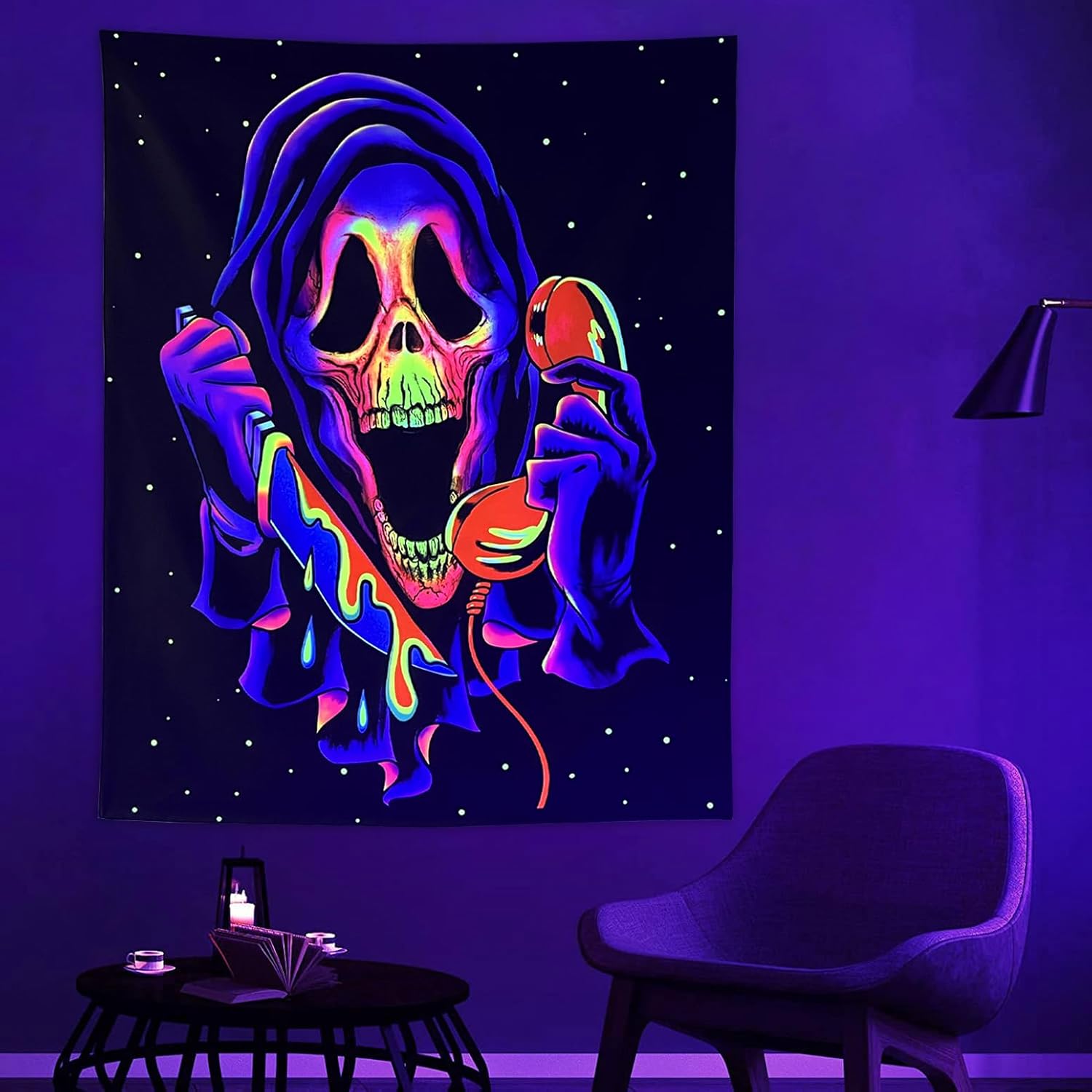 Tapestries - Simpkeely Blacklight Horror Skull Tapestry, UV Reactive Cool Ghost Wall Hanging Tapestries, Glow in the Dark Party Backdrop Tapestry for Bedroom, Living Room - 29.5